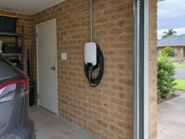 Wall-mounted EV charger on a brick garage wall beside a door and parked car in Budgewoi