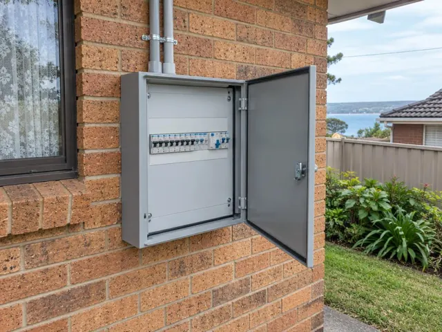 Open electrical switchboard on a brick exterior wall beside a window in San Remo